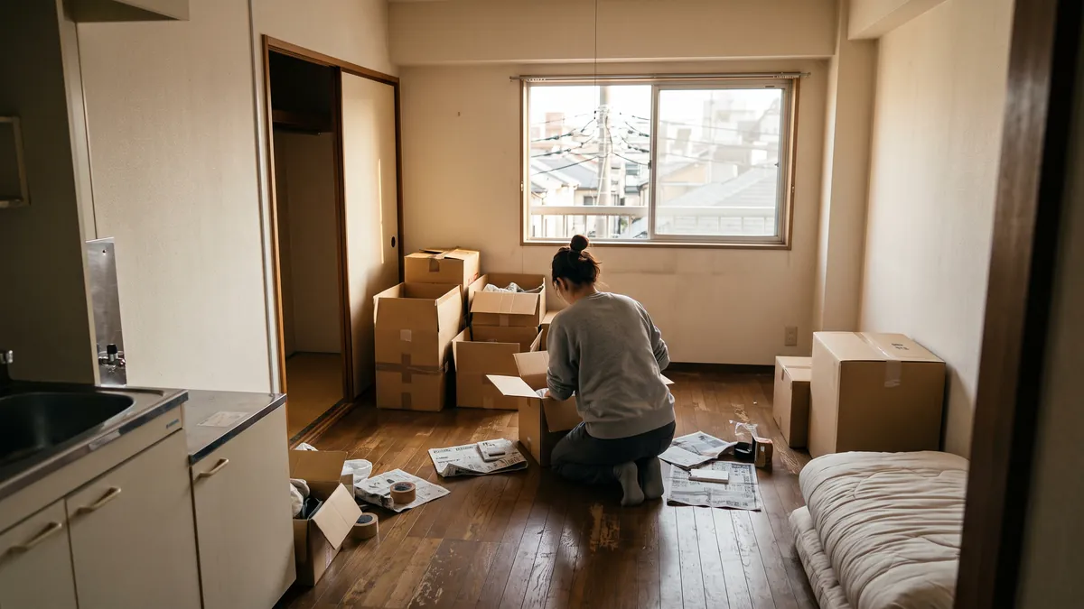 小さな賃貸アパートの一室で、荷物を段ボールに詰めて明け渡しの準備をする後ろ姿