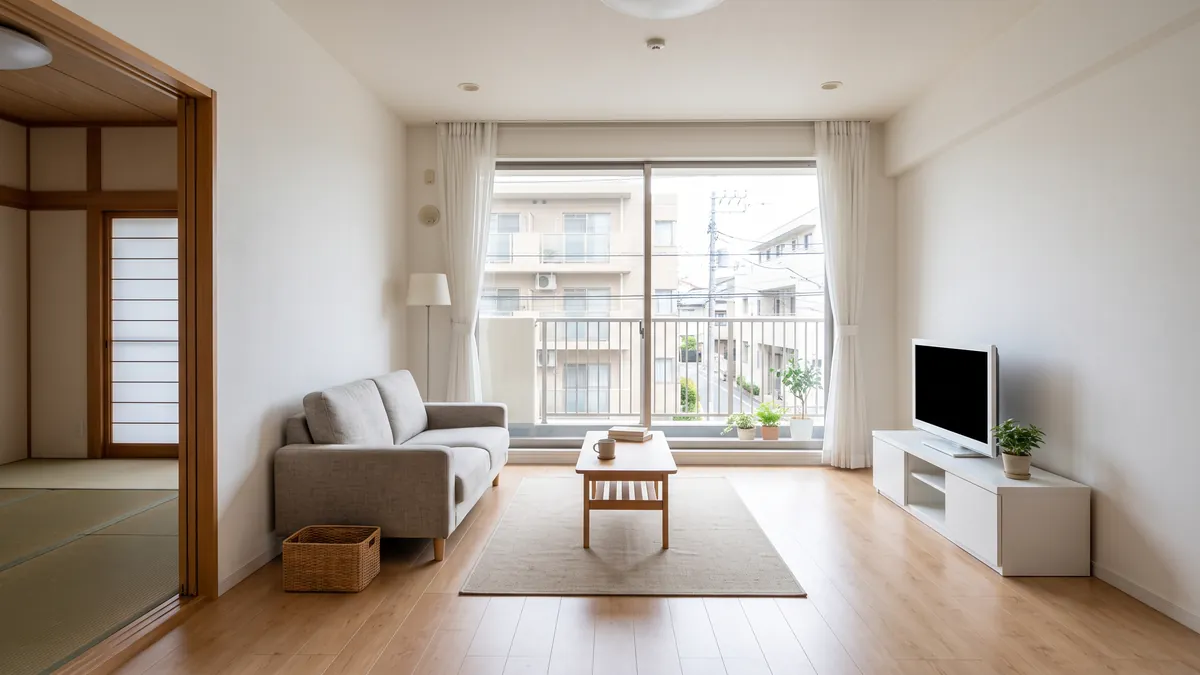 内覧前に片付けて物を減らした明るいマンションのリビング