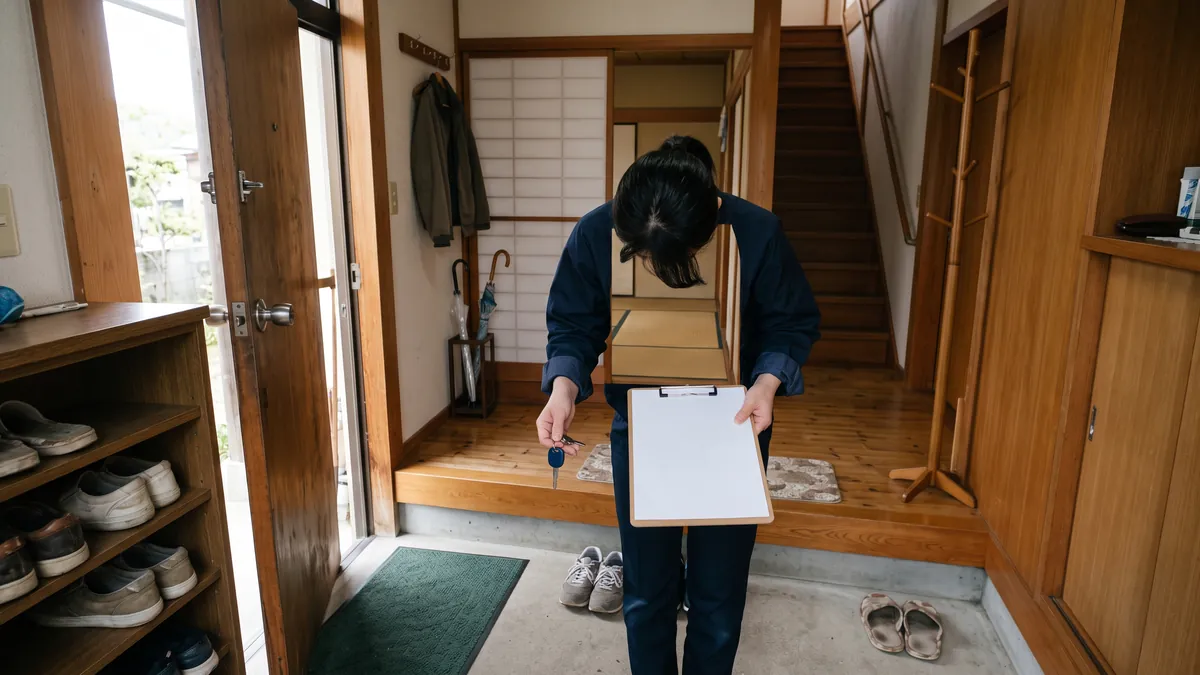 利用者の自宅の玄関で、鍵とバインダーを手にした支援者の手元