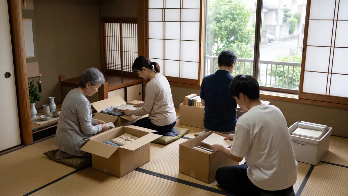 静かな和室に置かれた故人の遺品を、家族が丁寧に整理している後ろ姿