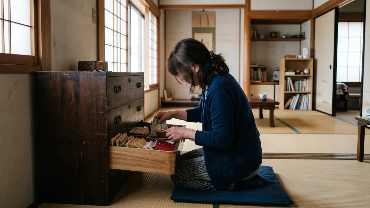 引き出しを開けて、通帳や印鑑のような小物を探す手元