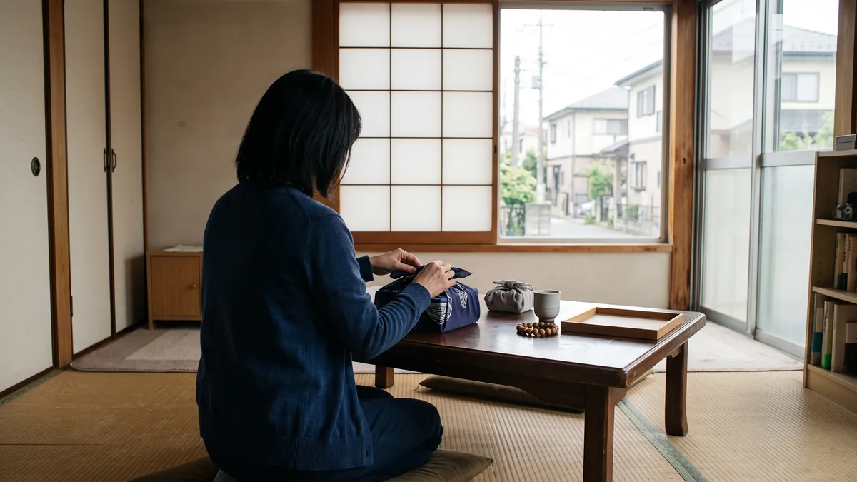 故人の部屋で、形見の品を丁寧に布で包む手元