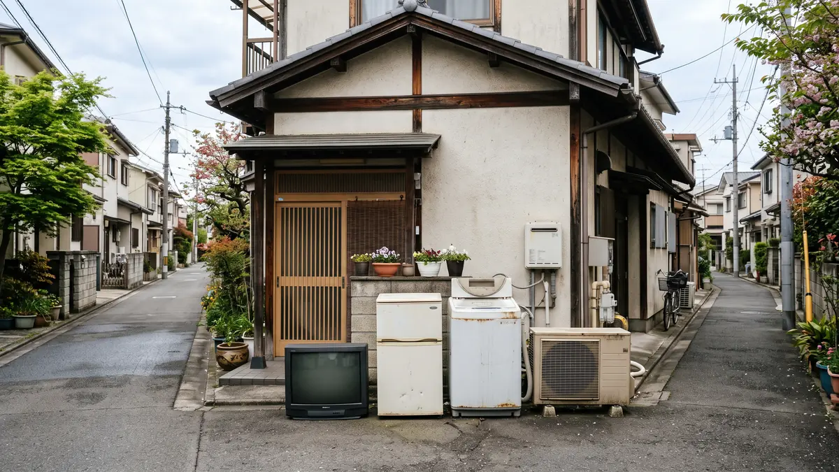 玄関先に並んだ古いテレビ・冷蔵庫・洗濯機・エアコン室外機