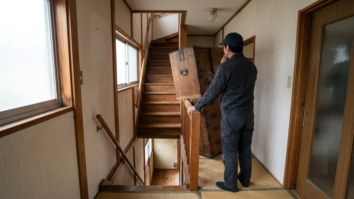 狭い階段の上に置かれた大きなタンスと、搬出の段取りを考える後ろ姿