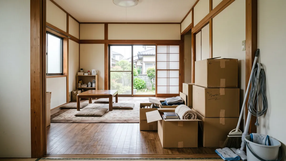 住人が不在の静かな居間に、家族が片付けのために置いた段ボールと掃除道具