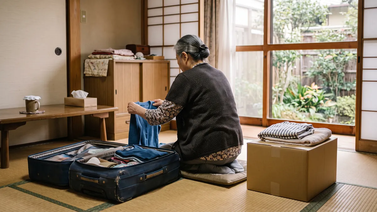 高齢の親の自宅で、衣類をたたんで旅行かばんと箱に分ける手元