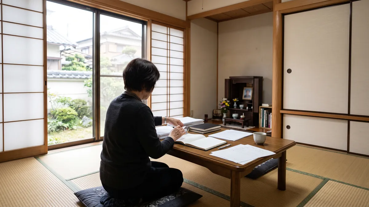 故人の住まいの和室で、白紙の書類とノートを机に広げて整理する手元