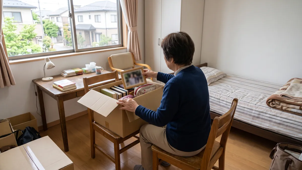 介護施設の居室のような明るく簡素な個室で、私物を箱にまとめる手元
