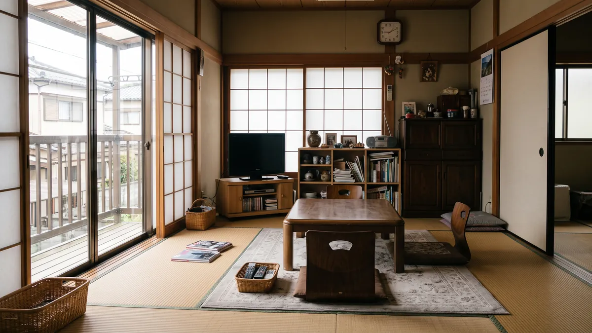 手を付けずにそのまま残された実家の居間。家具と小物が整然と置かれている