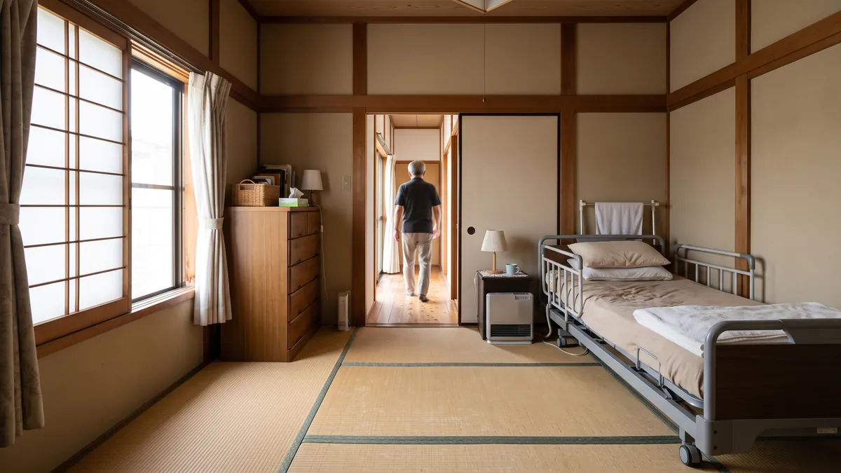 物を片付けて通路を広くした寝室と、壁際に置かれた介護ベッド
