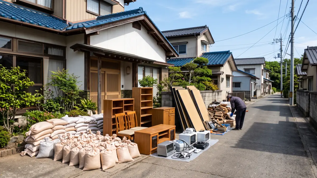 晴れた日の住宅地で、家の前に種類ごとに分けて積まれた土のう袋・木の家具・小型家電・畳