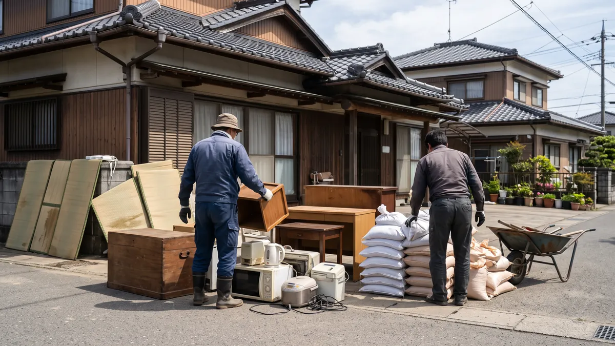 晴れた日の住宅地で、家の前に種類ごとに分けて積まれた土のう袋・木の家具・小型家電・畳