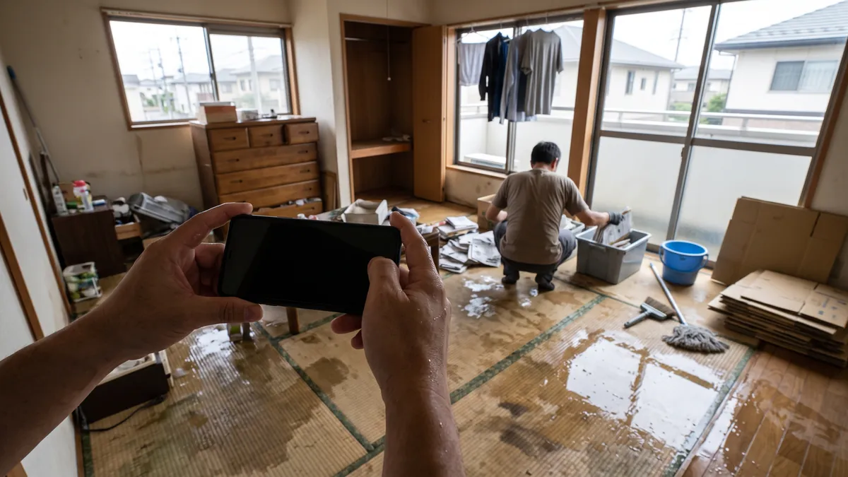 片付け前の室内を記録するため、スマートフォンを構えた両手の手元と、その先の濡れた床と家具