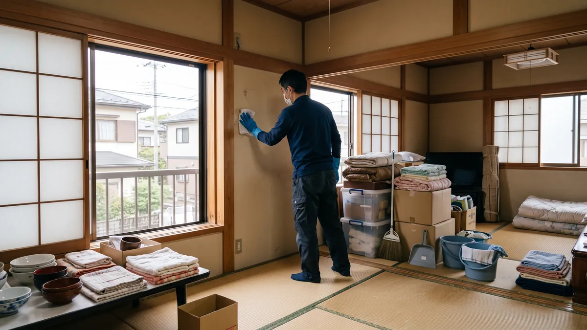 窓を開けて換気している和室で、マスクとゴム手袋をした人が雑巾で壁を拭いている後ろ姿