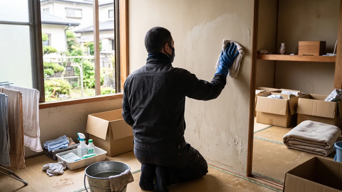 窓を開けて換気している和室で、マスクとゴム手袋をした人が雑巾で壁を拭いている後ろ姿