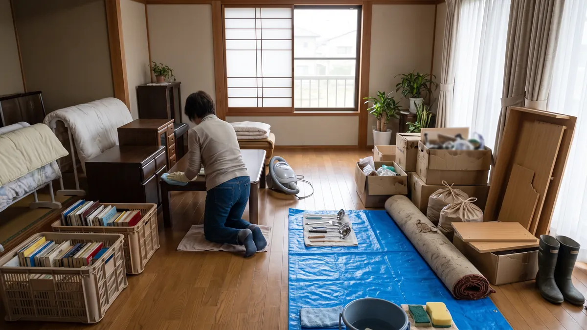 片付いたリビングで、残す家具と処分する家具を部屋の左右に分けて置いた様子