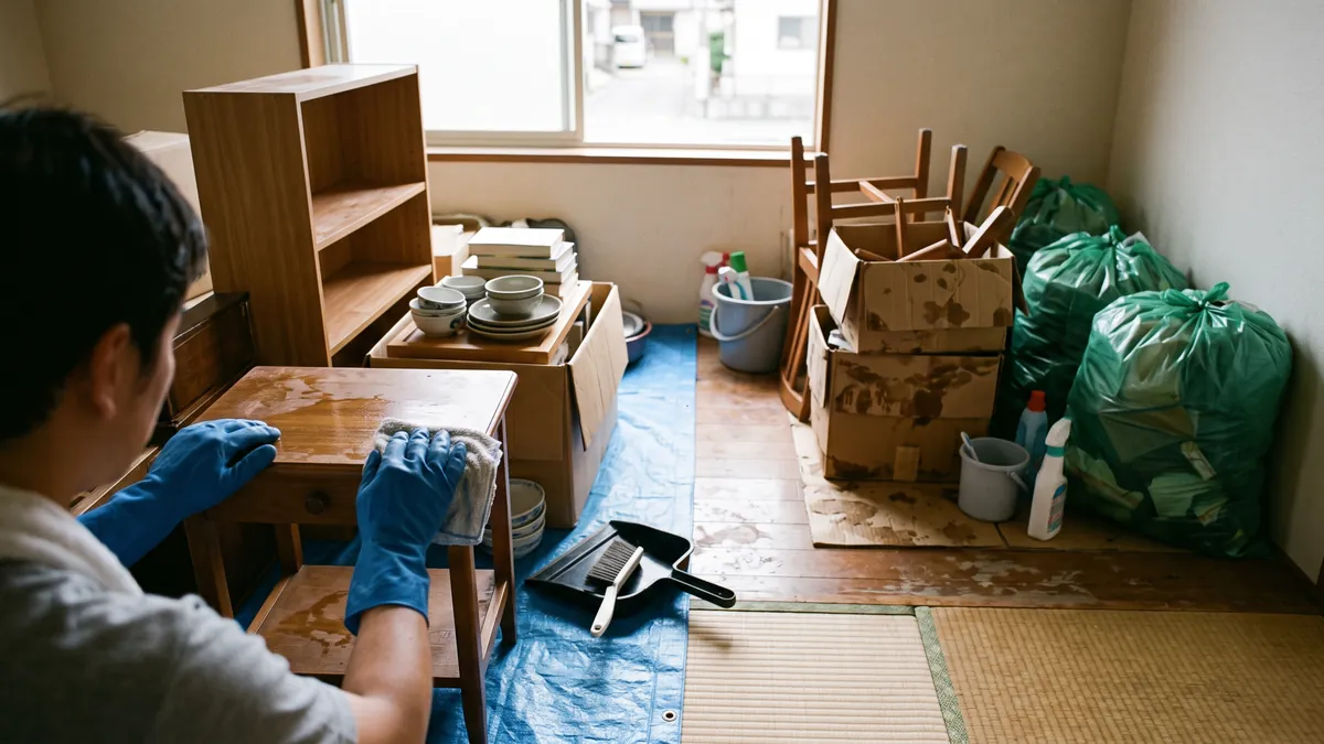 片付いたリビングで、残す家具と処分する家具を部屋の左右に分けて置いた様子