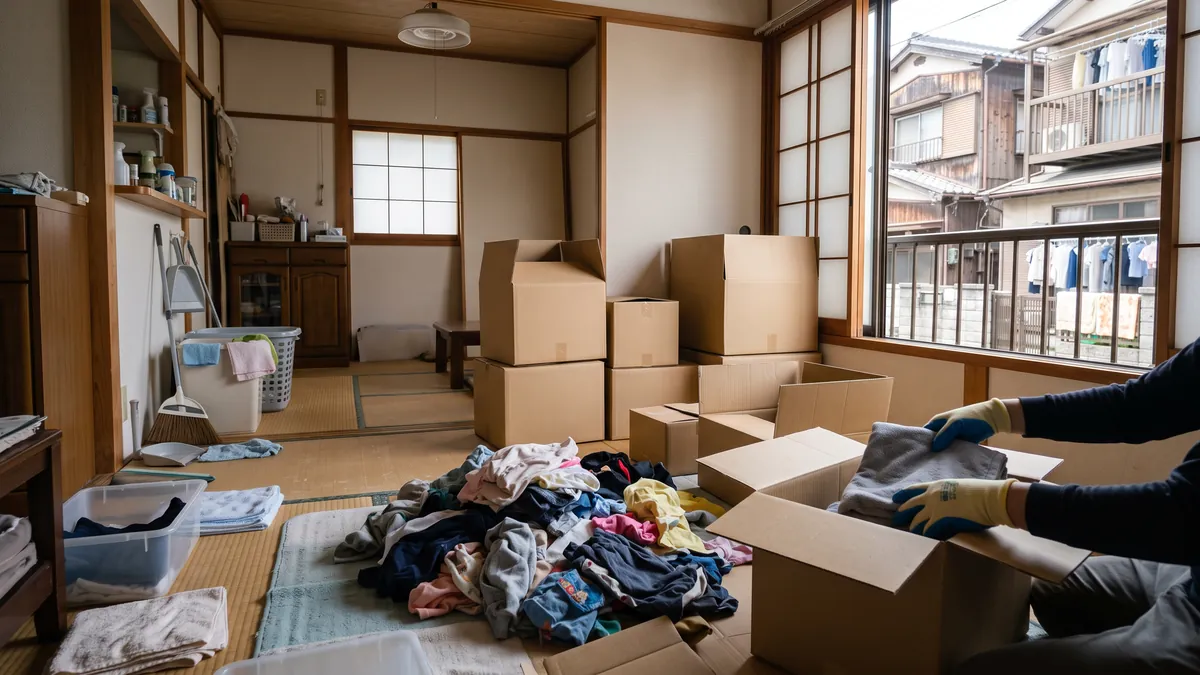 無地の段ボール箱を積んだ部屋で、衣類を箱に詰めて荷造りする手元