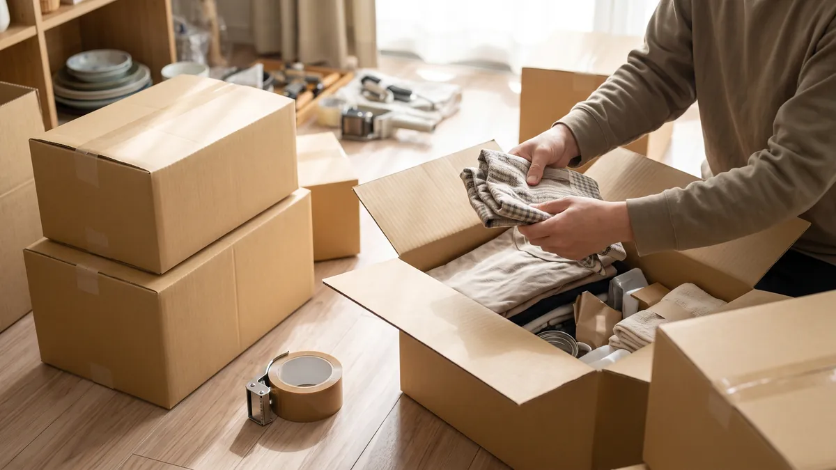 無地の段ボール箱を積んだ部屋で、衣類を箱に詰めて荷造りする手元