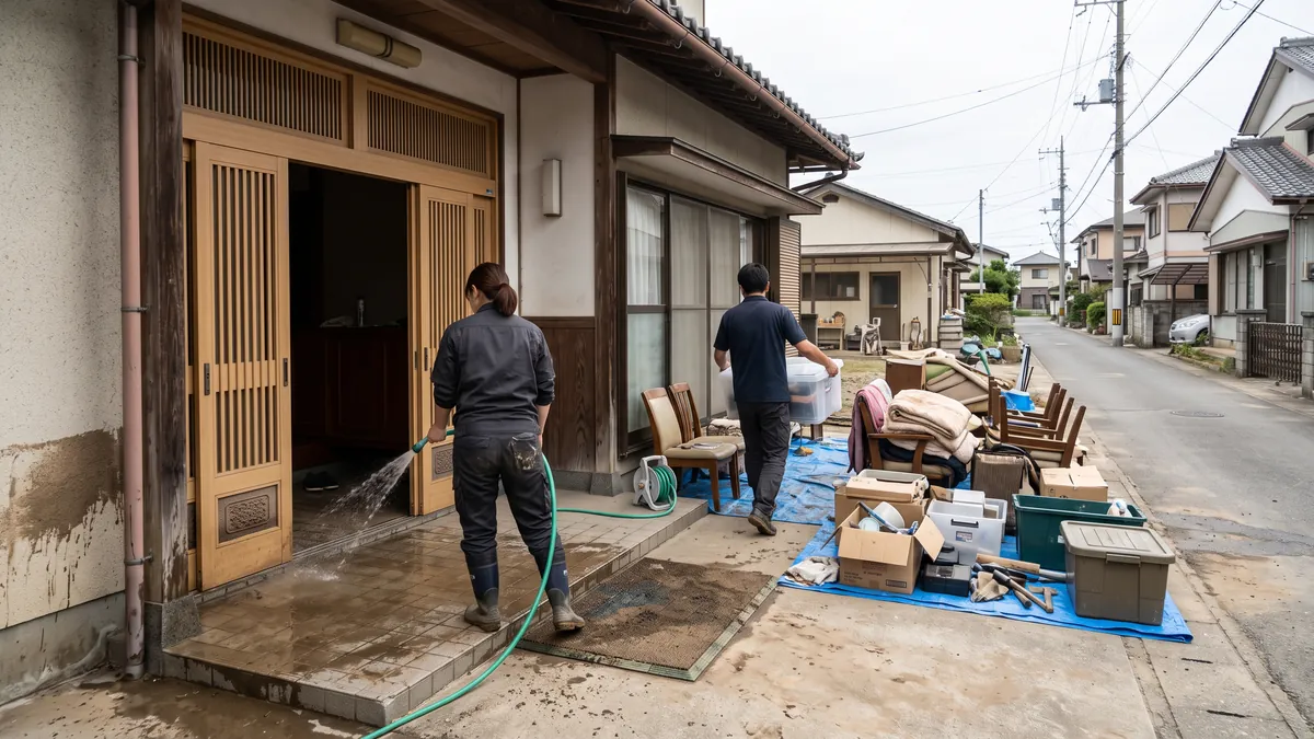 浸水の後の住宅の玄関先で、ホースで泥を洗い流し、濡れた家財を運び出している様子
