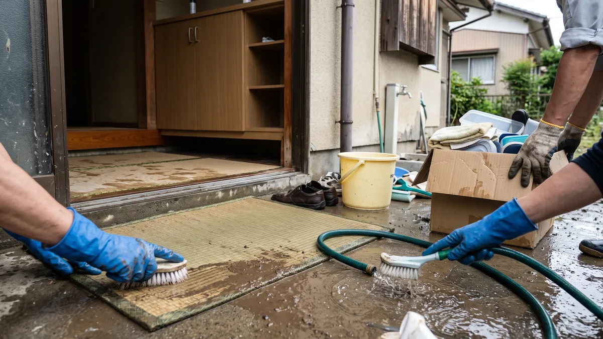 浸水の後の住宅の玄関先で、ホースで泥を洗い流し、濡れた家財を運び出している様子