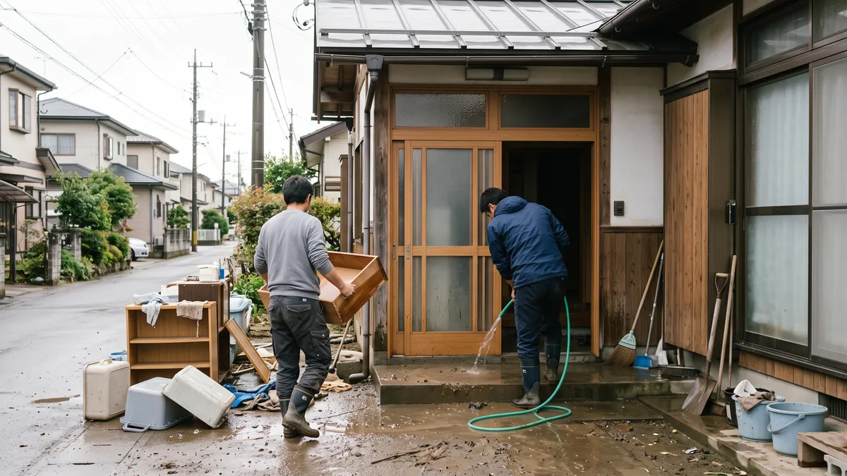 浸水の後の住宅の玄関先で、ホースで泥を洗い流し、濡れた家財を運び出している様子