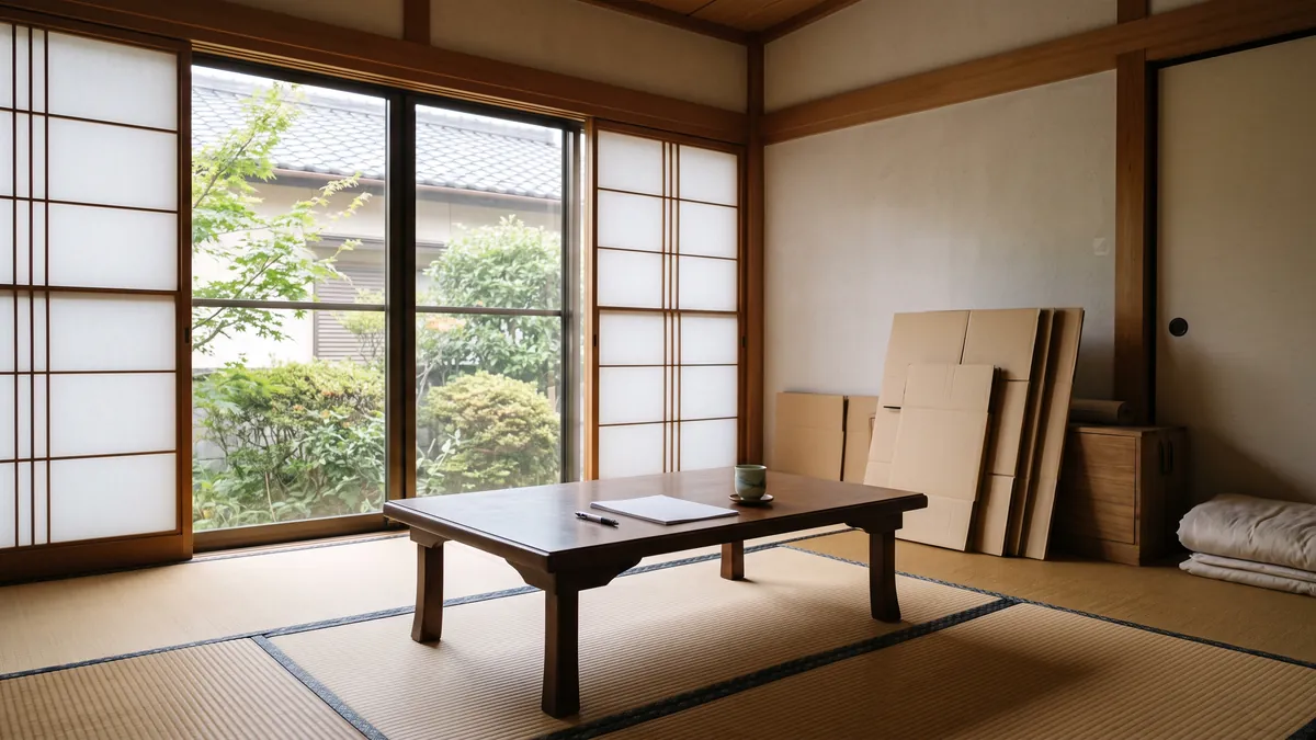 人のいない和室の居間。座卓の上に無地の書類とペン、湯のみが置かれ、部屋の隅に組み立て前の段ボールが立てかけてある。窓から柔らかい光