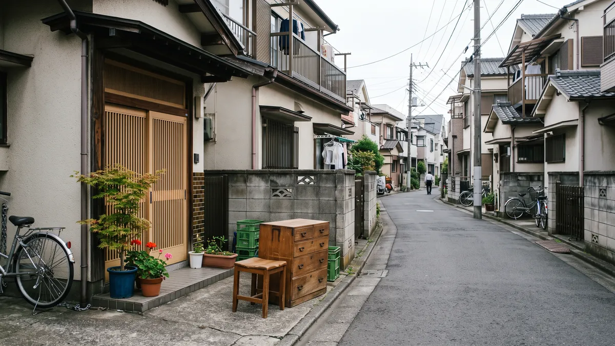 住宅の玄関先に出された木の椅子と小さなタンス。収集日を待つ穏やかな朝