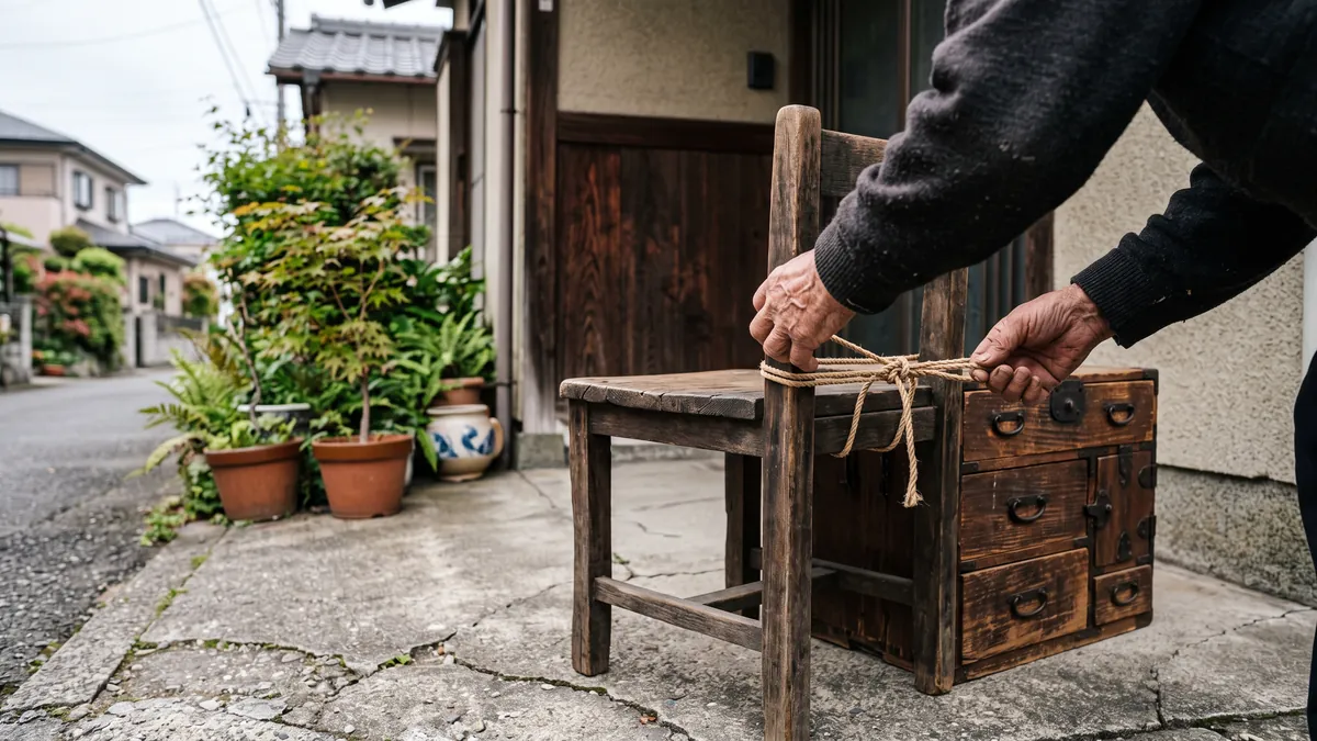 住宅の玄関先に出された木の椅子と小さなタンス。収集日を待つ穏やかな朝